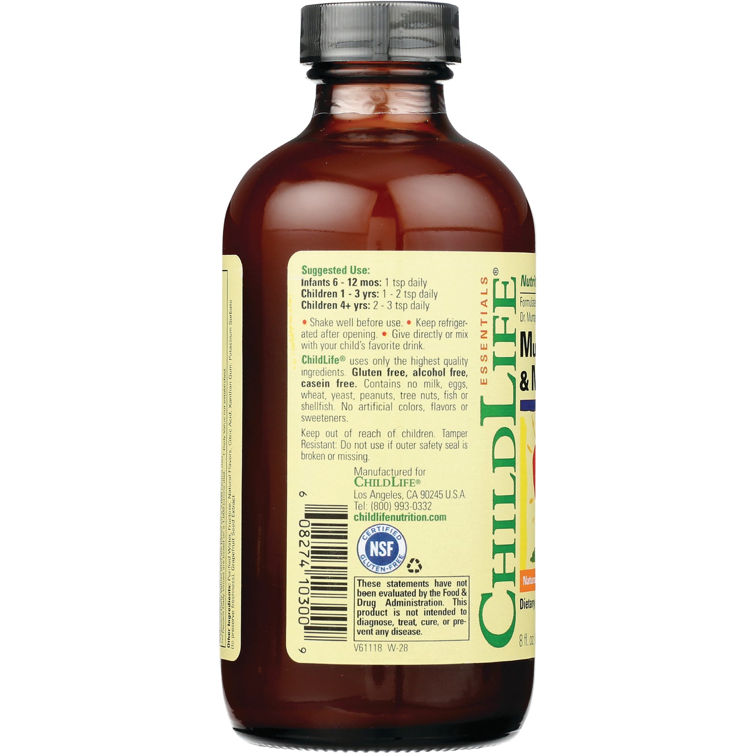 CHL002 | Back label of brown ChildLife bottle showing suggested use, barcode, NSF seal, and ingredient and safety text