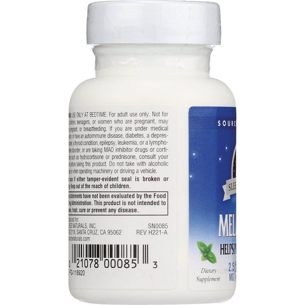 SN250 | Supplement bottle back label with warnings, barcode, and Source Naturals Melatonin branding - Thumbnail