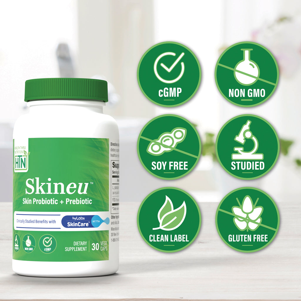 HTN012 | bottle of Skineu Skin Probiotic + Prebiotic with six green icons: cGMP, non GMO, soy free, studied, clean label, gluten free - Thumbnail