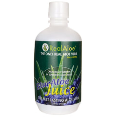 RA017 | RealAloe BlueAloe Juice bottle, 32 fl oz, green label showing aloe vera and blueberries