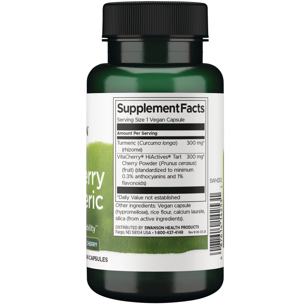 SWH253 | Supplement Facts panel showing serving size 1 vegan capsule, turmeric 300 mg, tart cherry powder 300 mg - Thumbnail
