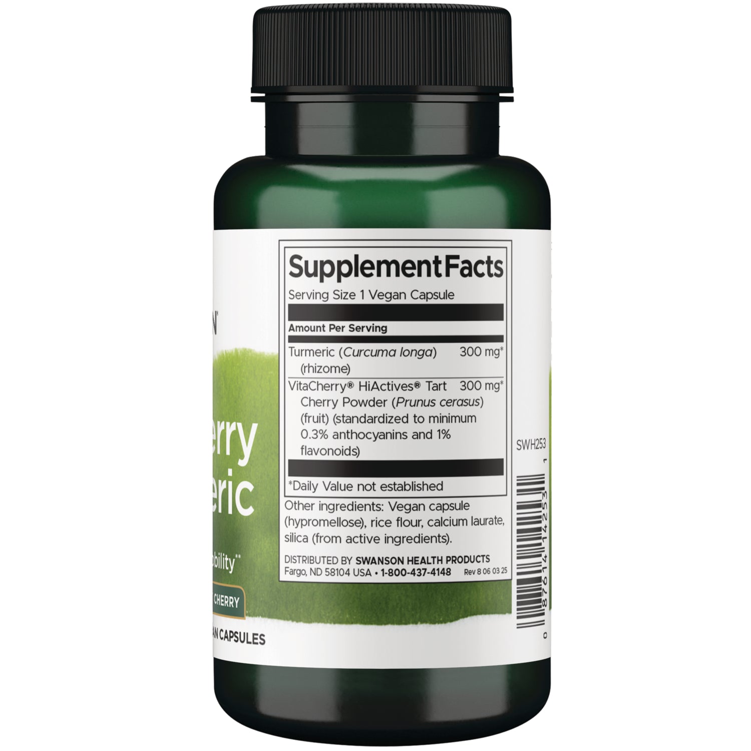 SWH253 | Supplement Facts panel showing serving size 1 vegan capsule, turmeric 300 mg, tart cherry powder 300 mg