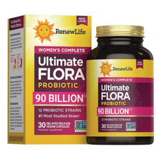 RNL240 | RenewLife Ultimate Flora women's complete probiotic 90 billion CFU bottle and box, 30 delayed-release vegan capsules
