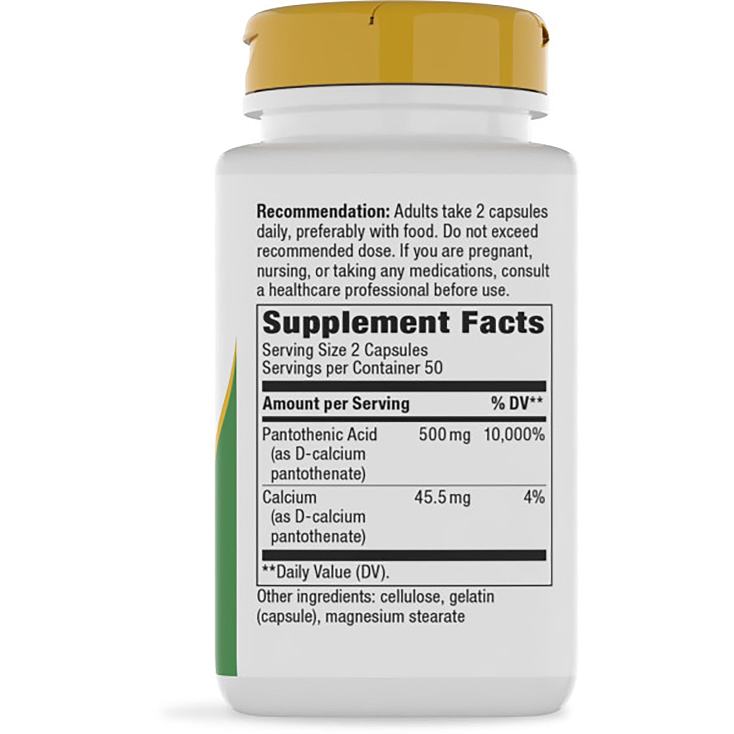 NW941 | Bottle back showing Supplement Facts panel, serving size, pantothenic acid 500 mg and other ingredients