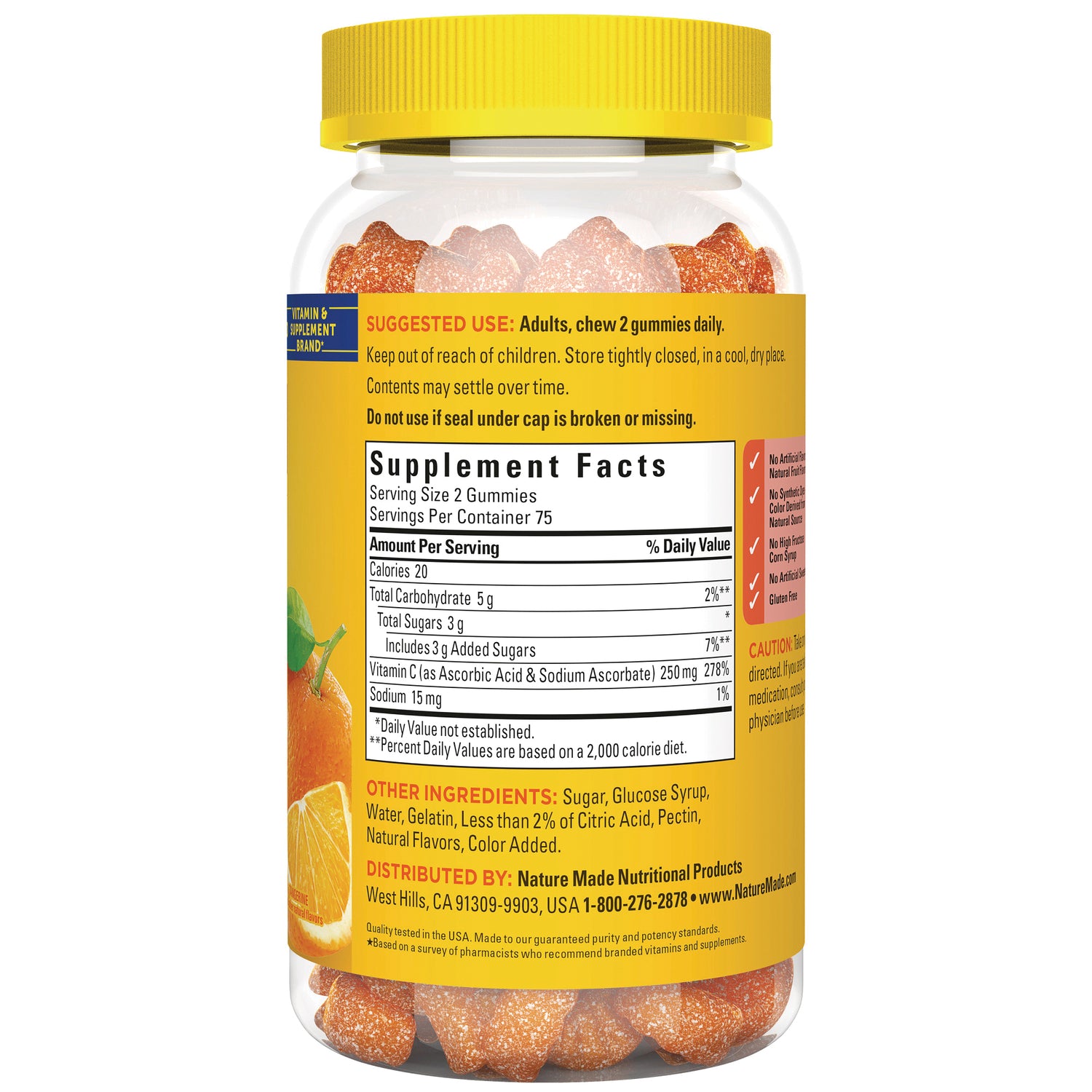 NTM199 | Back of clear bottle of orange gummy vitamins with yellow cap showing Supplement Facts panel and ingredients