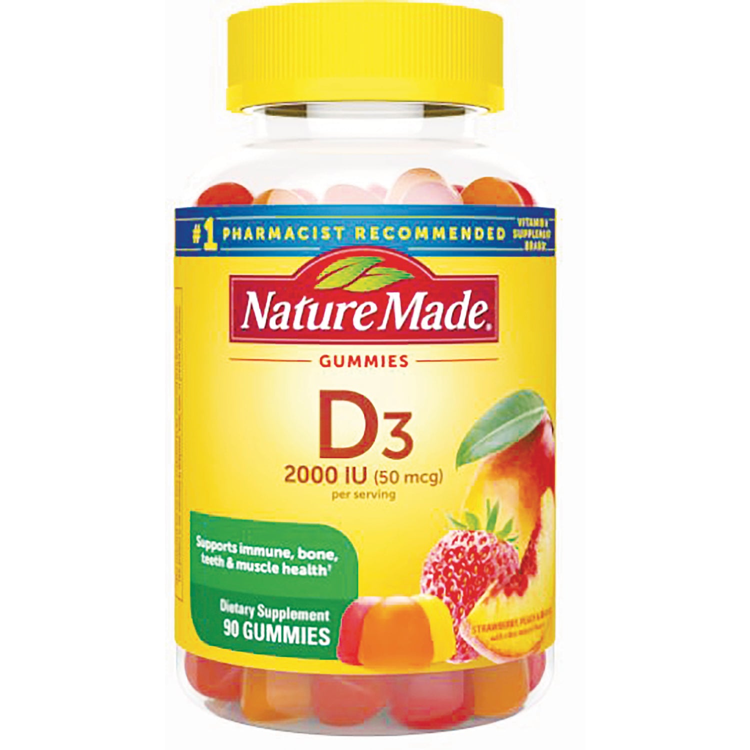 NTM084 | Nature Made D3 2000 IU gummy bottle, 90 gummies, yellow label with fruit images