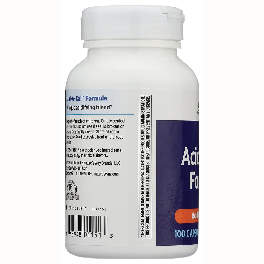 ET001 | back label of white supplement bottle showing Acid-A-Cal Formula text, safety warnings, barcode and vertical disclaimer - Thumbnail