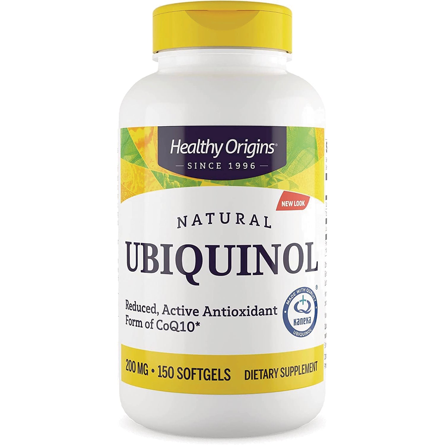 HRG082 | Healthy Origins Natural Ubiquinol 200 mg 150 softgels dietary supplement bottle with yellow cap