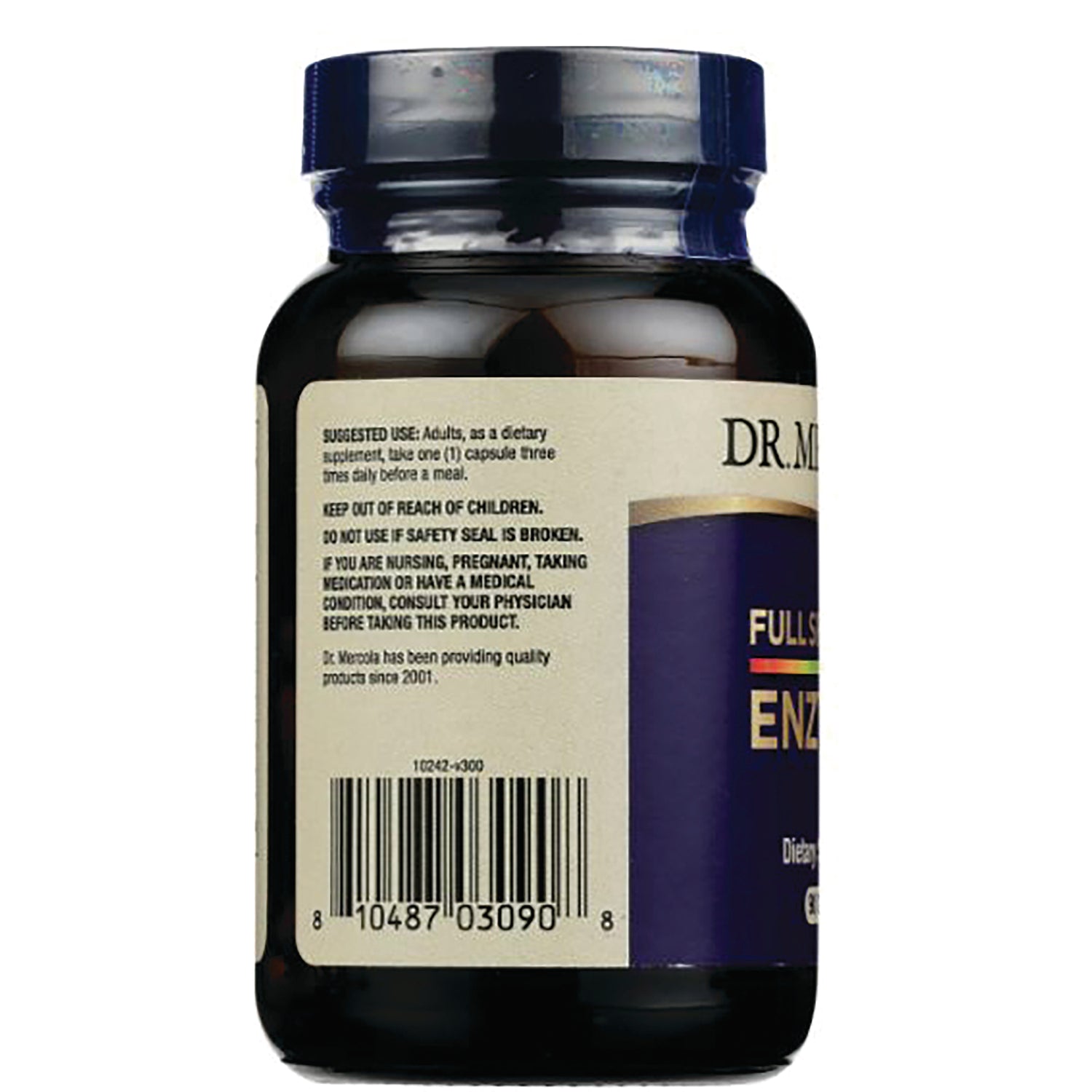 MRC103 | Back of dark supplement bottle showing label with warnings, suggested use text and barcode