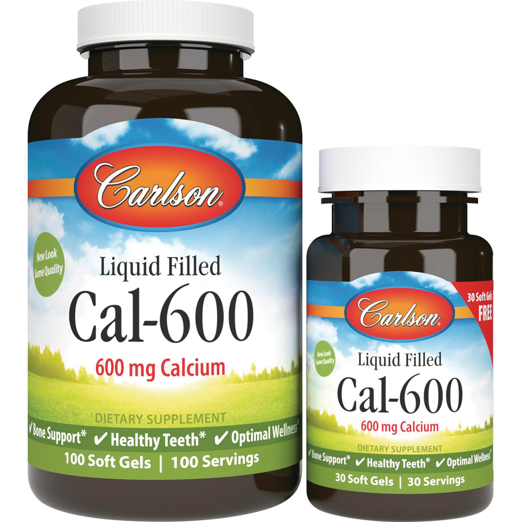 CSN127 | Two Carlson Cal-600 liquid-filled calcium supplement bottles, 600 mg Calcium, front labels visible - Thumbnail