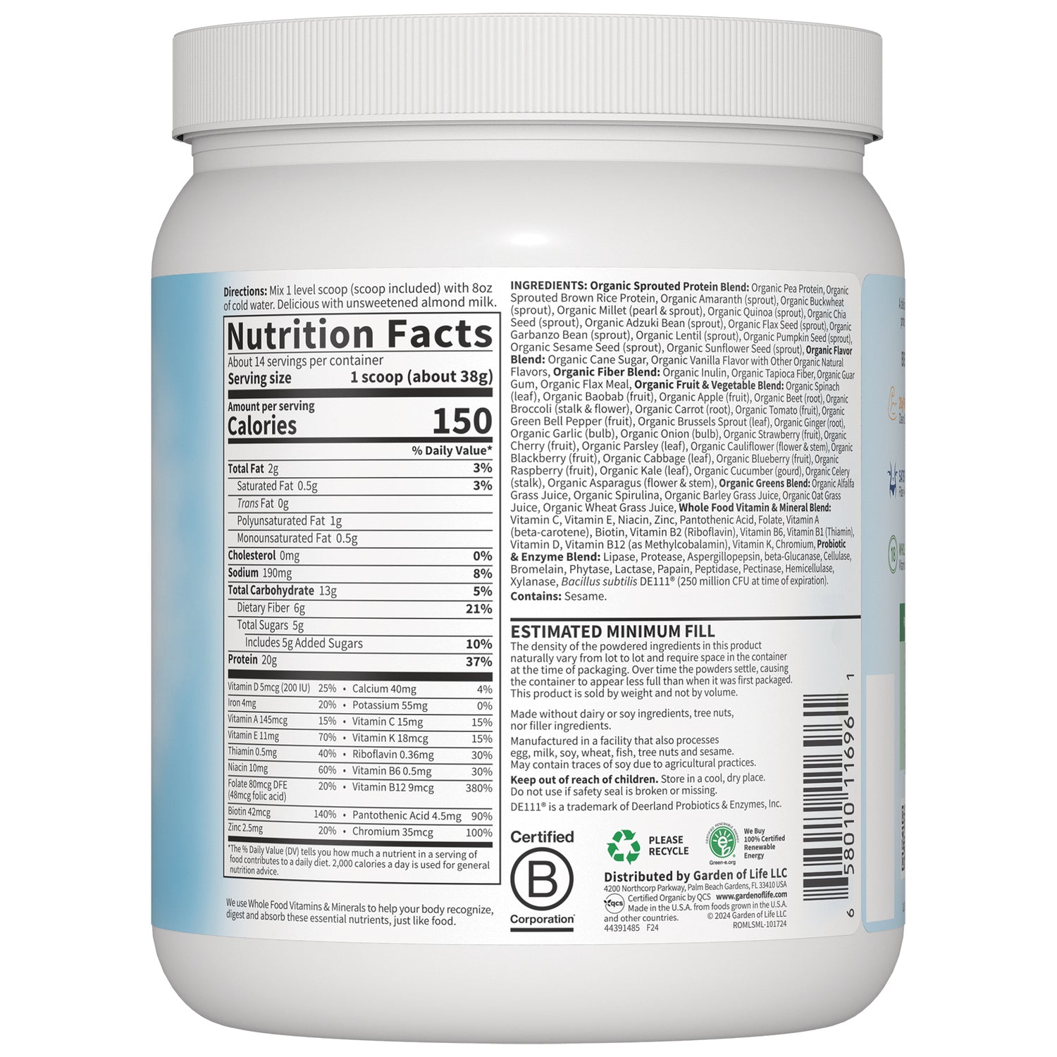 GLF159 | Back label showing Nutrition Facts panel, ingredients list, estimated minimum fill statement and barcode