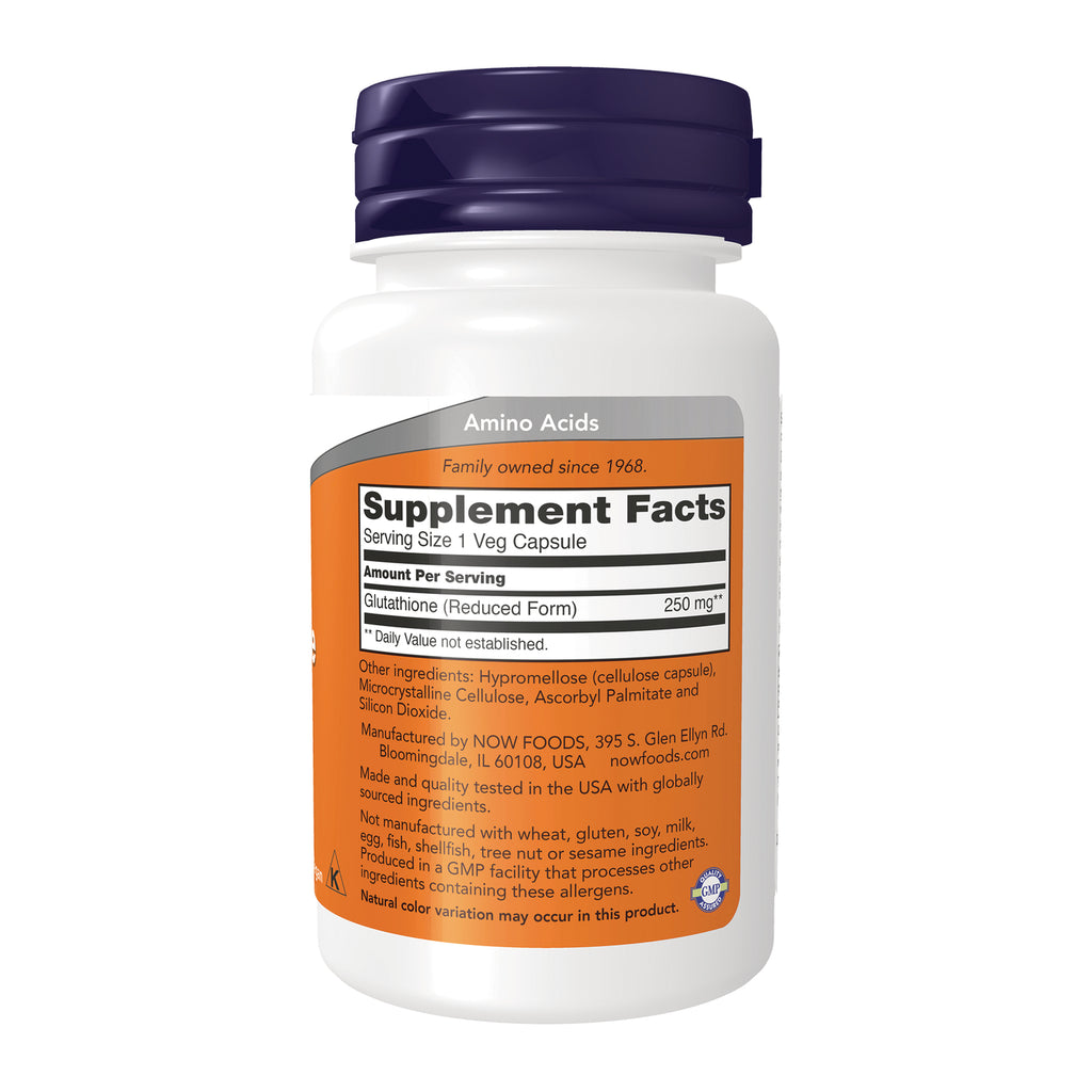 NWF822 | Back of white supplement bottle with orange label showing Supplement Facts panel listing Glutathione (Reduced Form) 250 mg and ingredients - Thumbnail