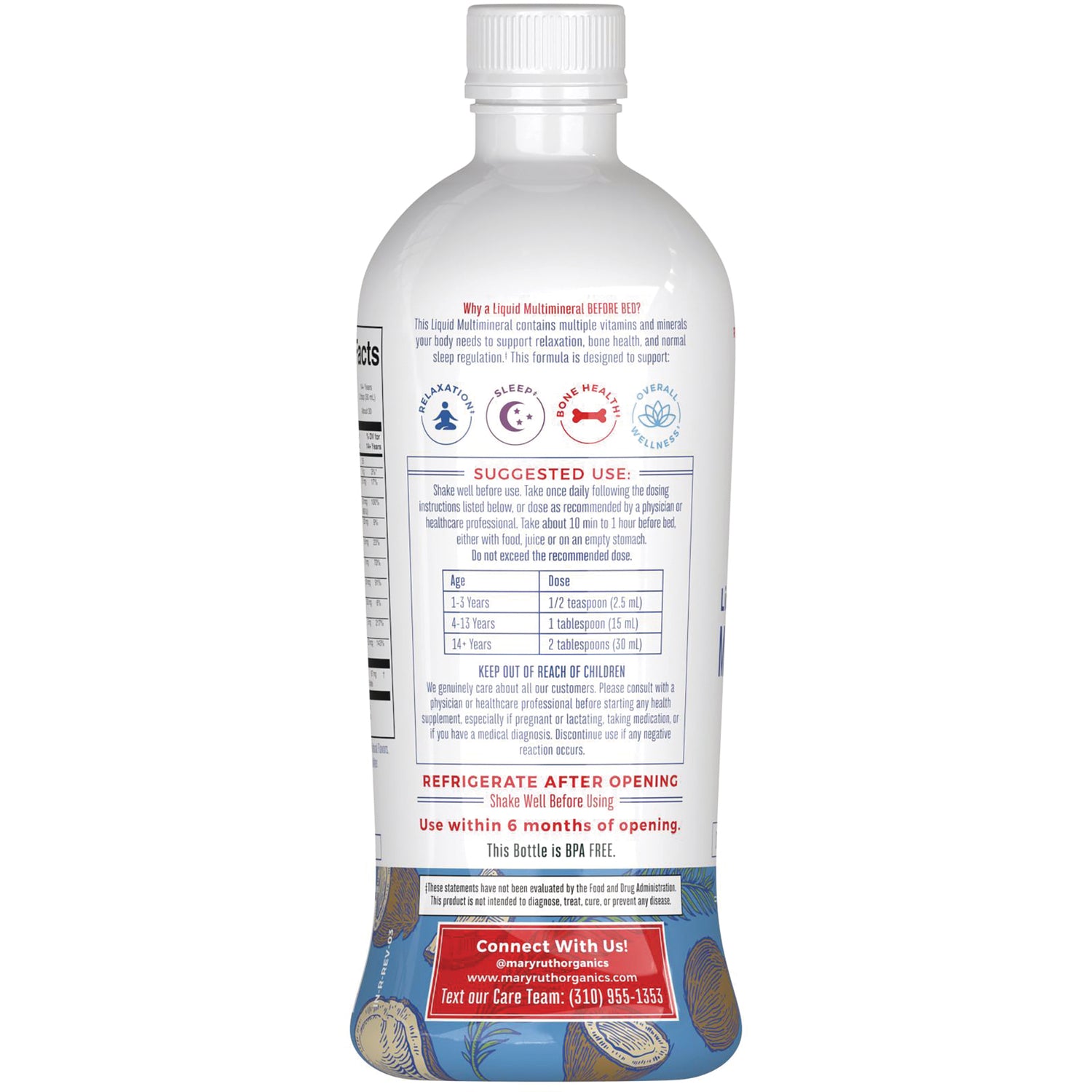 MRR021 | Back label of liquid multivitamin bottle showing suggested use, dosing table and storage instructions