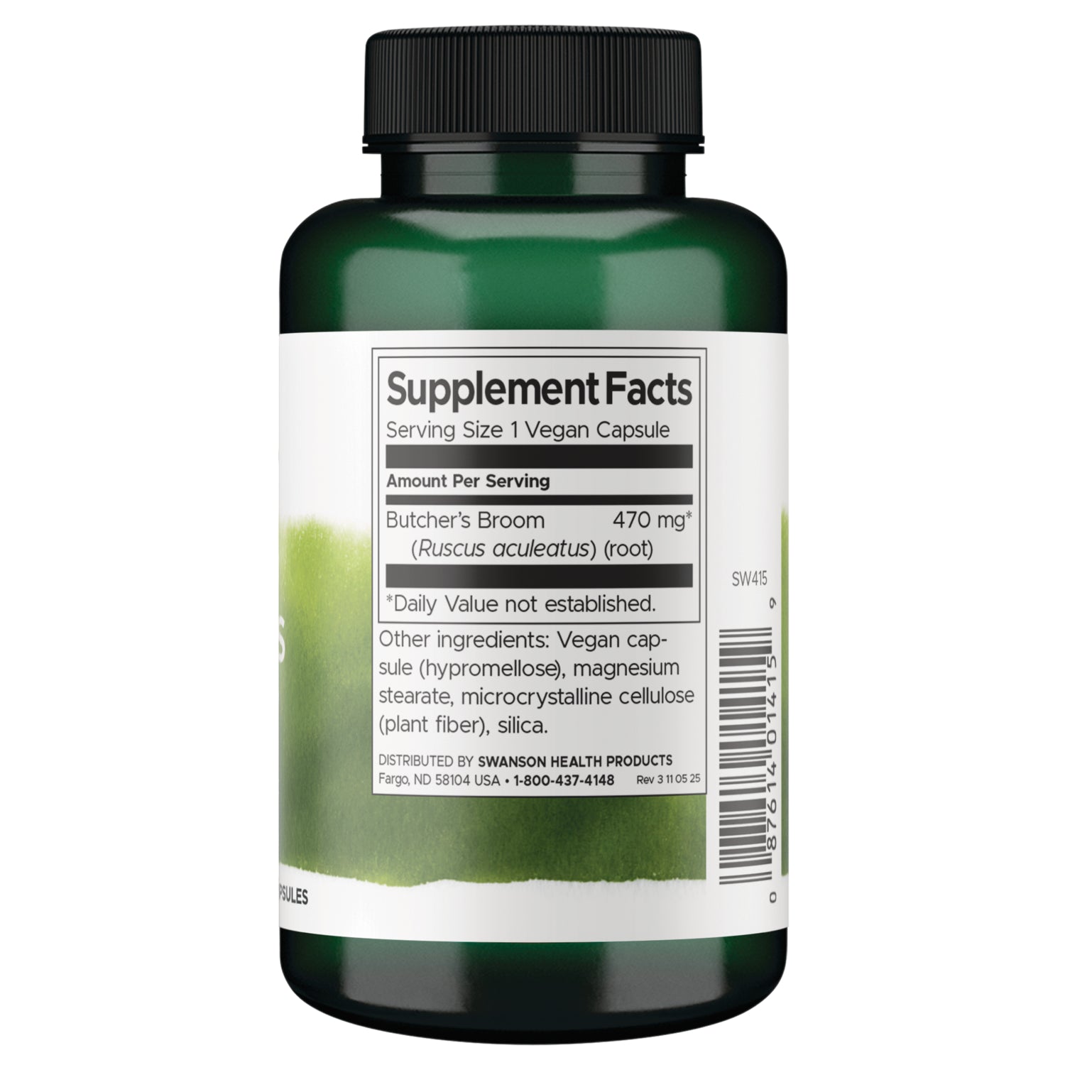 SW415 | Back label Supplement Facts: Serving Size 1 vegan capsule; Butchers Broom 470 mg