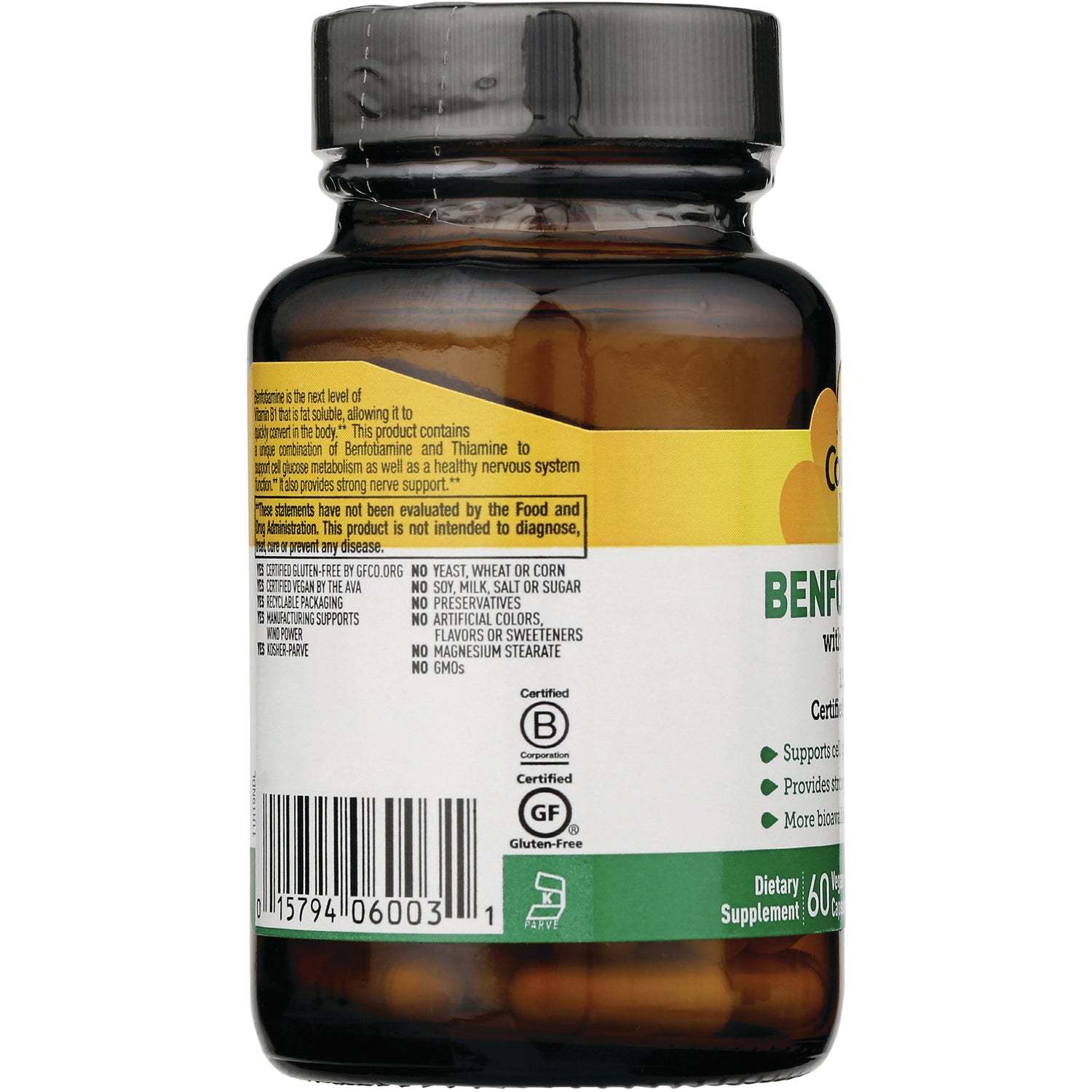 CRL593 | back label of amber supplement bottle showing barcode, certification icons, and ingredient panel