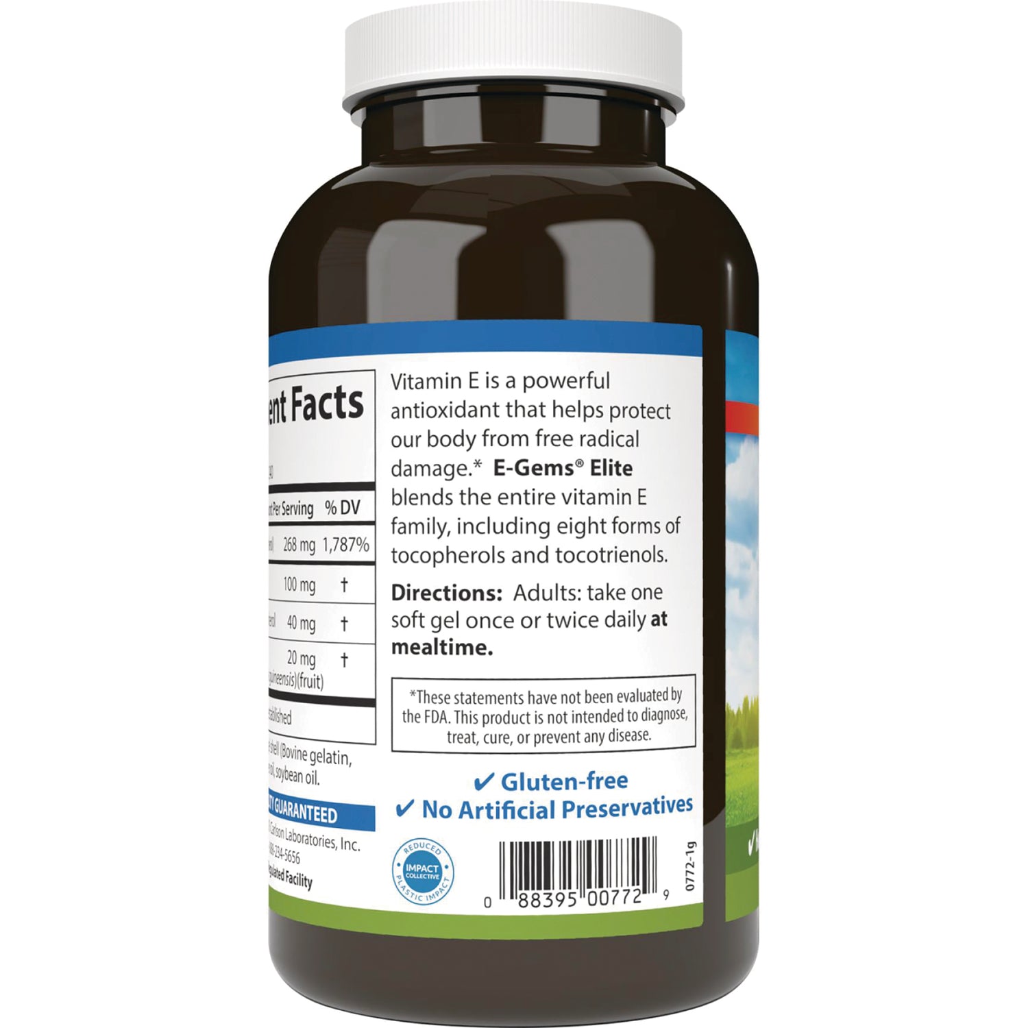 CSN197 | Back label of brown supplement bottle showing directions, vitamin E description, gluten-free and no artificial preservatives