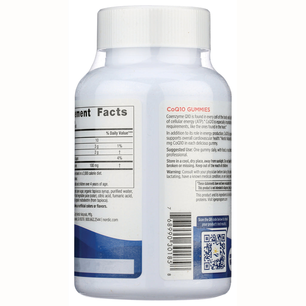 NRN088 | Back of white supplement bottle showing nutrition facts, CoQ10 gummies text, barcode and QR code - Thumbnail