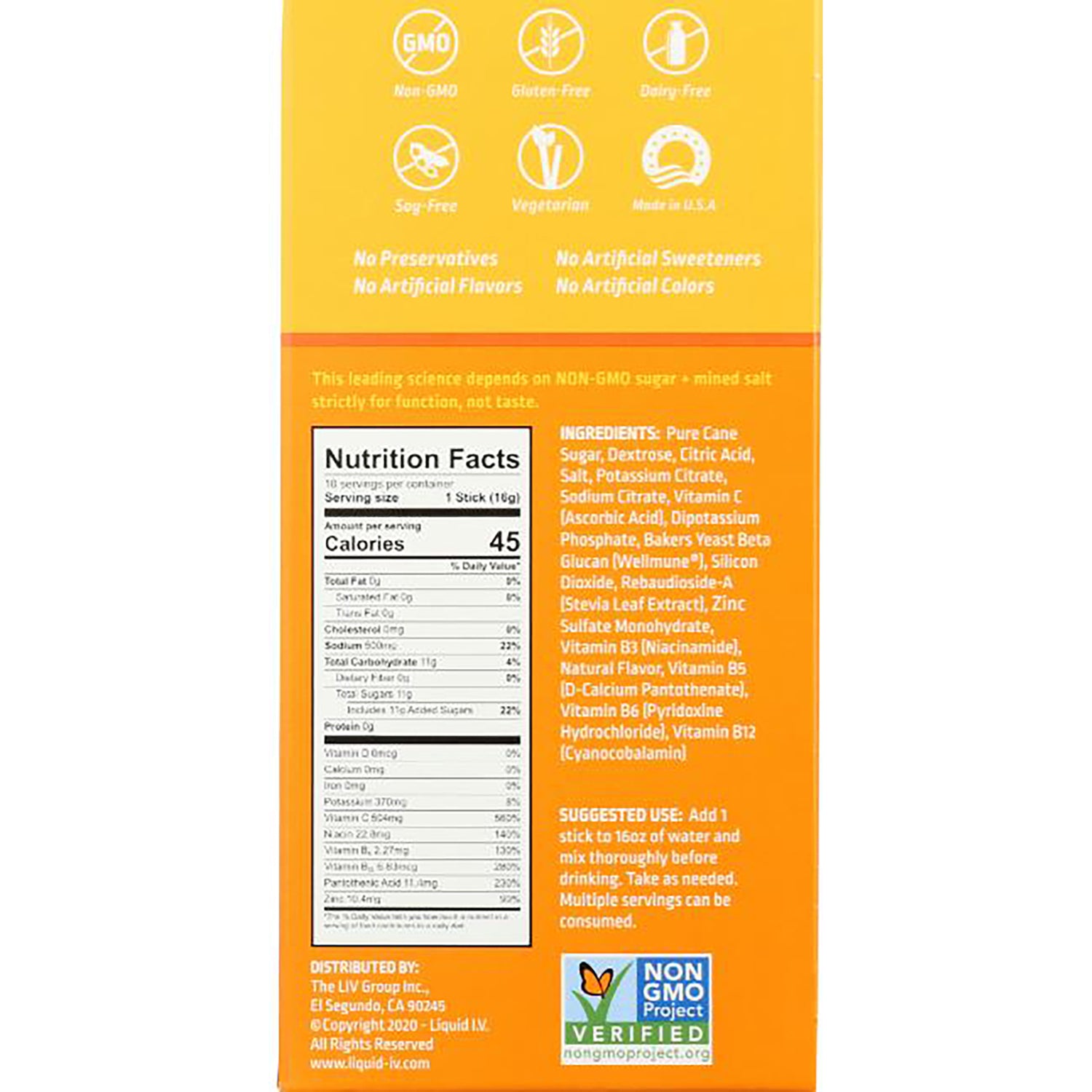 LQV005 | Back panel showing Nutrition Facts panel and ingredients list on orange packaging