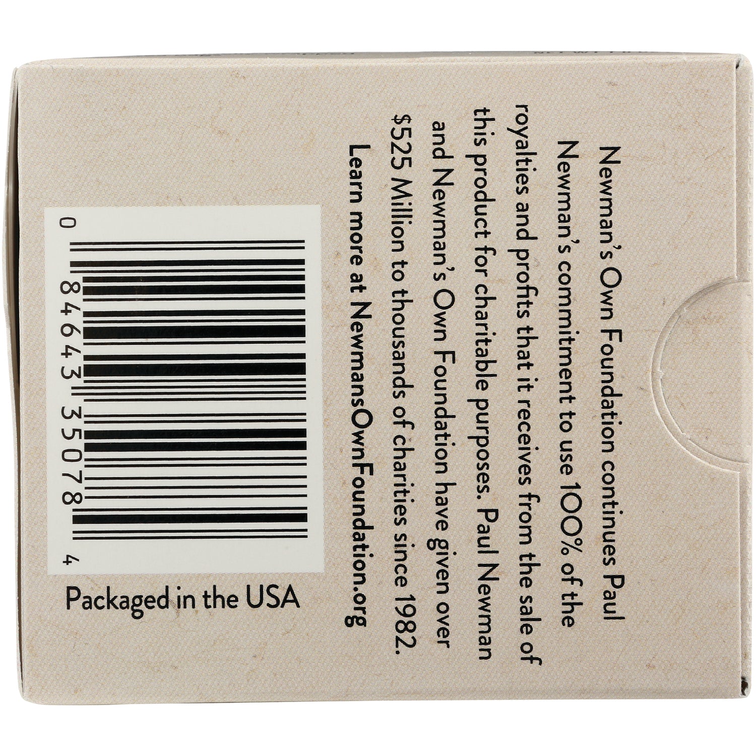 NWM042 | box back showing barcode and Newman's Own Foundation charity text, labeled Packaged in the USA