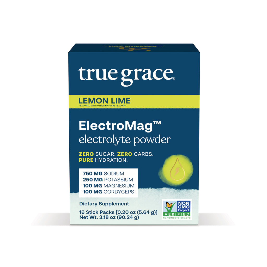 TG009 | True Grace ElectroMag electrolyte powder, Lemon Lime, front box with zero sugar and zero carbs - Thumbnail