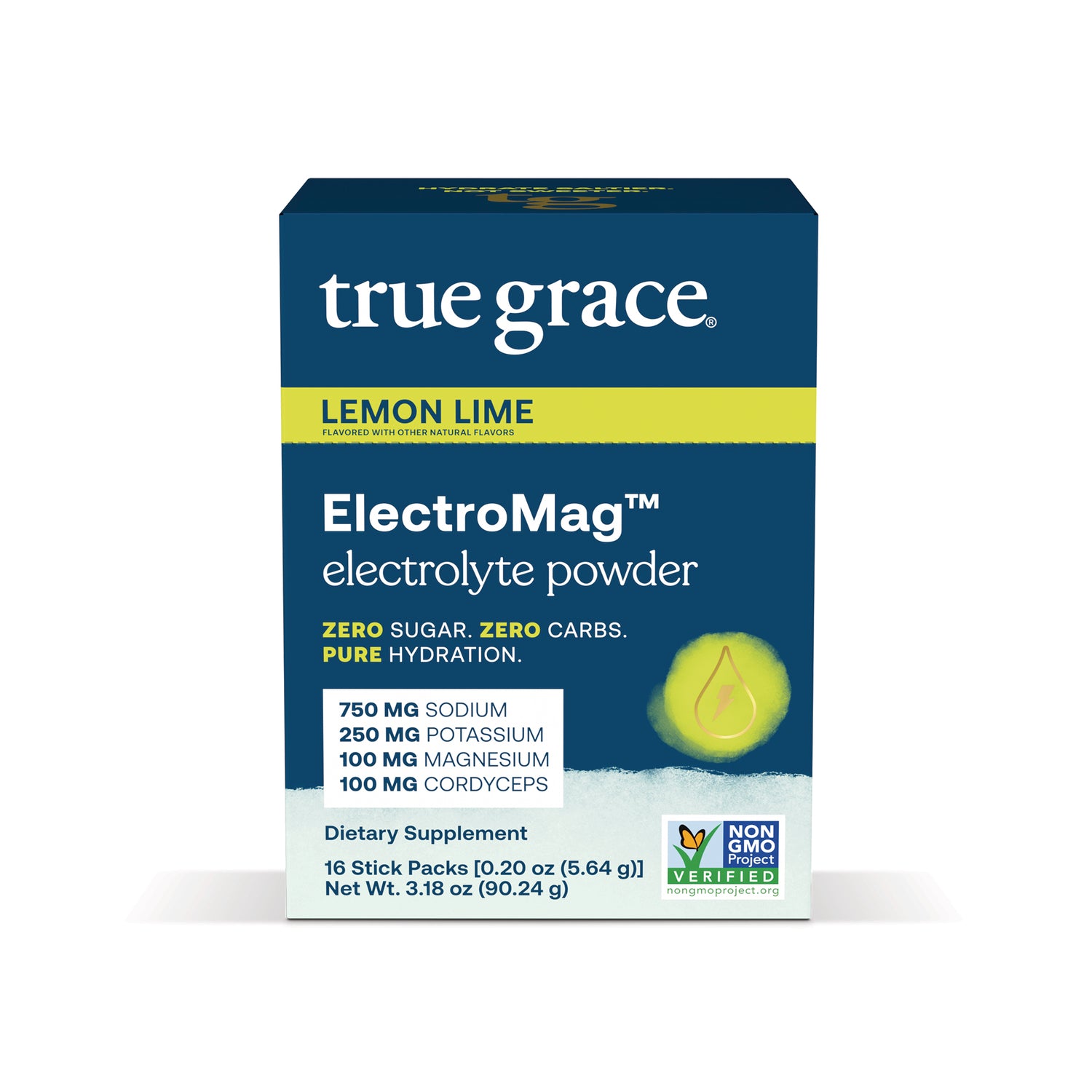 TG009 | True Grace ElectroMag electrolyte powder, Lemon Lime, front box with zero sugar and zero carbs