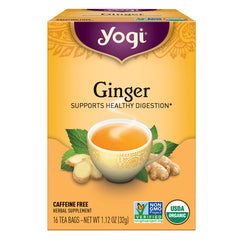 AHW007 | Yogi Ginger tea box showing a cup of tea, ginger root and the text \