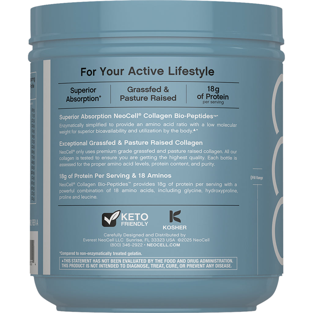 NEC046 | Back label of blue supplement tub reading For Your Active Lifestyle with product claims, Keto Friendly and Kosher logos - Thumbnail