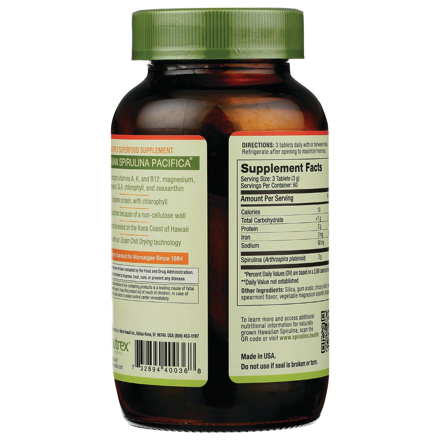 NUT023 | back of brown supplement bottle showing supplement facts panel, ingredients, barcode, and green cap