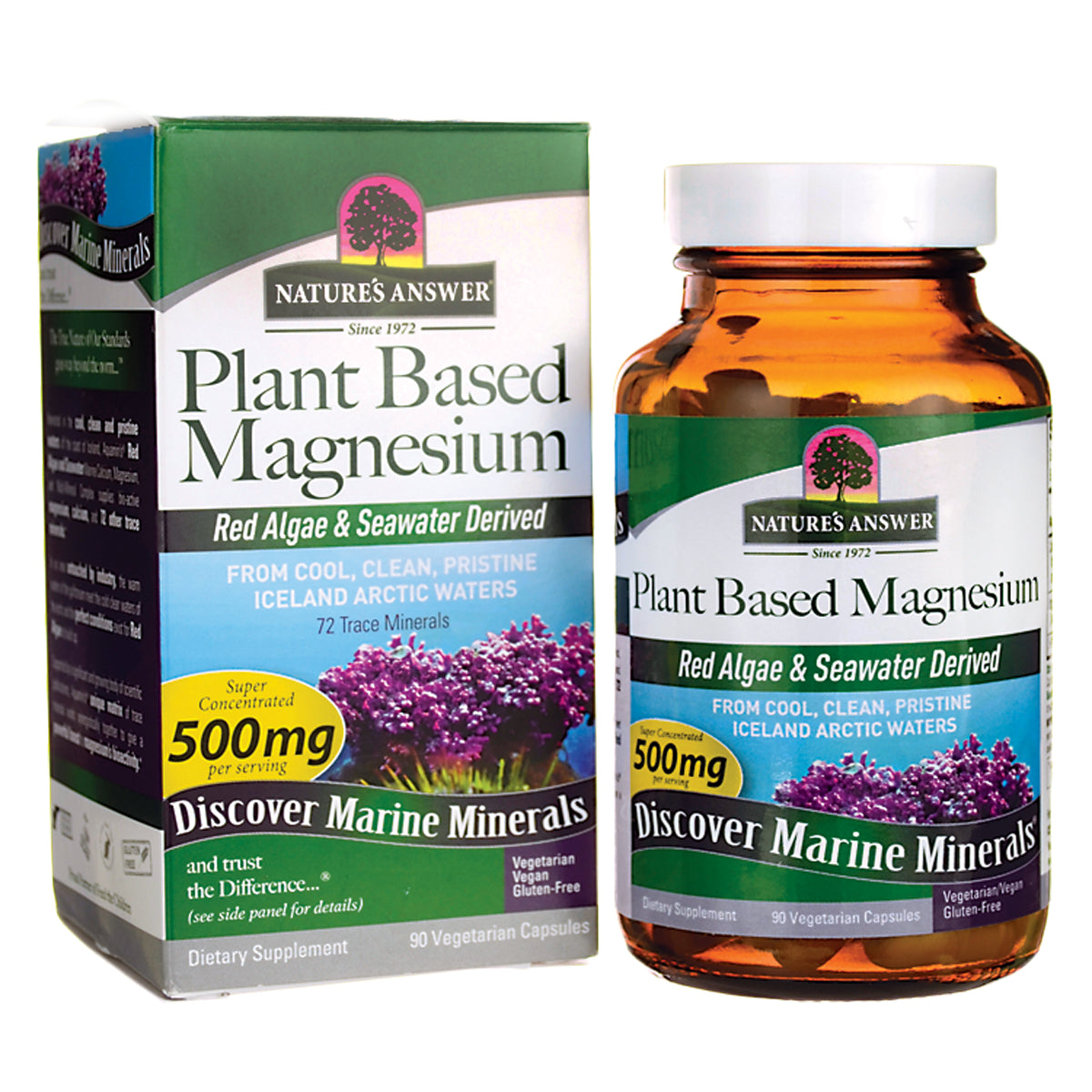 NAT401 | Nature's Answer Plant Based Magnesium box and amber bottle, Red Algae & Seawater Derived, 500mg, 90 vegetarian capsules