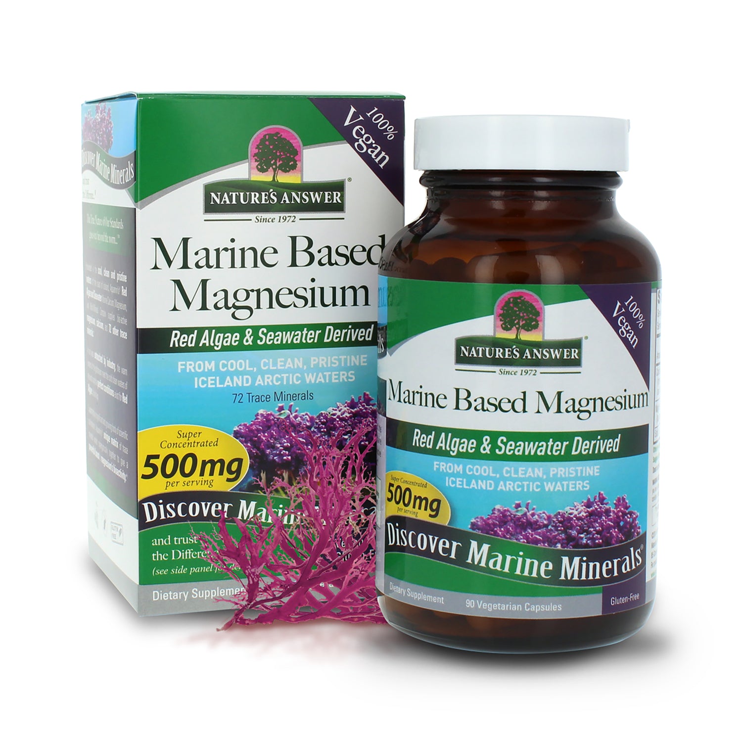 NAT401 | Nature's Answer Plant Based Magnesium box and amber bottle, Red Algae & Seawater Derived, 500mg, 90 vegetarian capsules