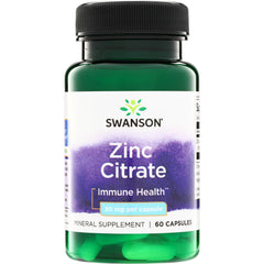SW1234 | Swanson Zinc Citrate bottle front, Immune Health, 30 mg per capsule, mineral supplement, 60 capsules