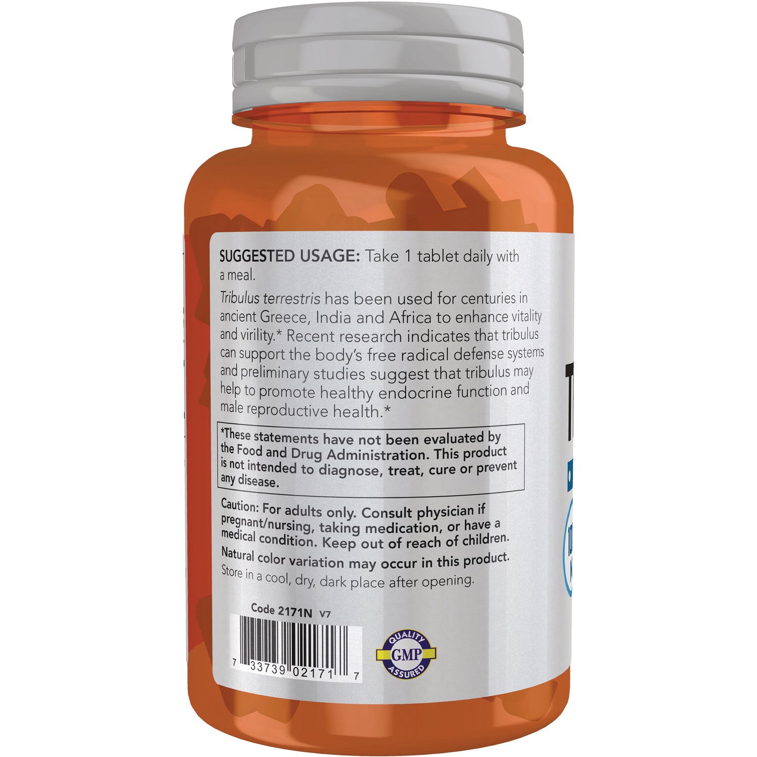NWF783 | Back label of orange supplement bottle showing suggested usage, caution, and barcode