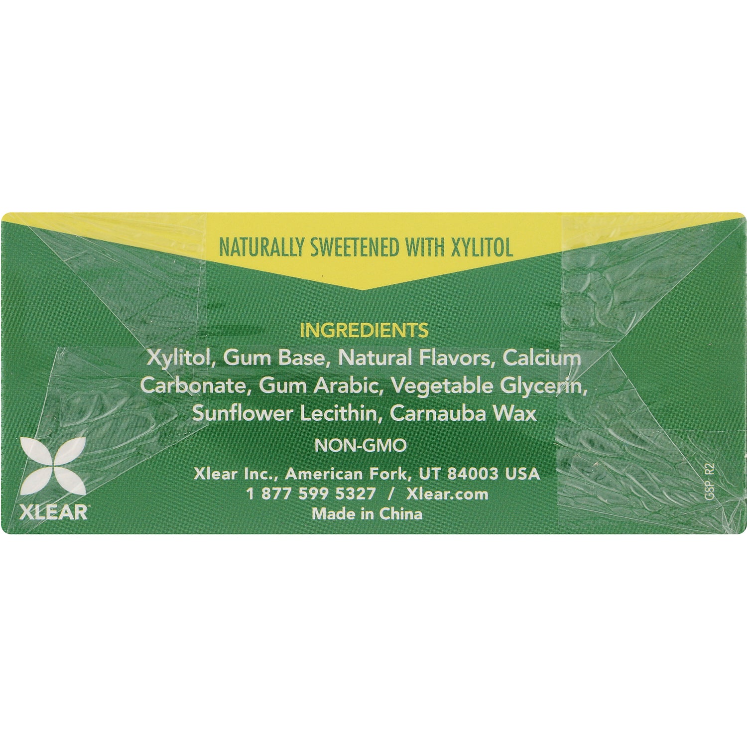 XL018 | Back of Xlear gum wrapper with ingredients and 'Naturally Sweetened with Xylitol'