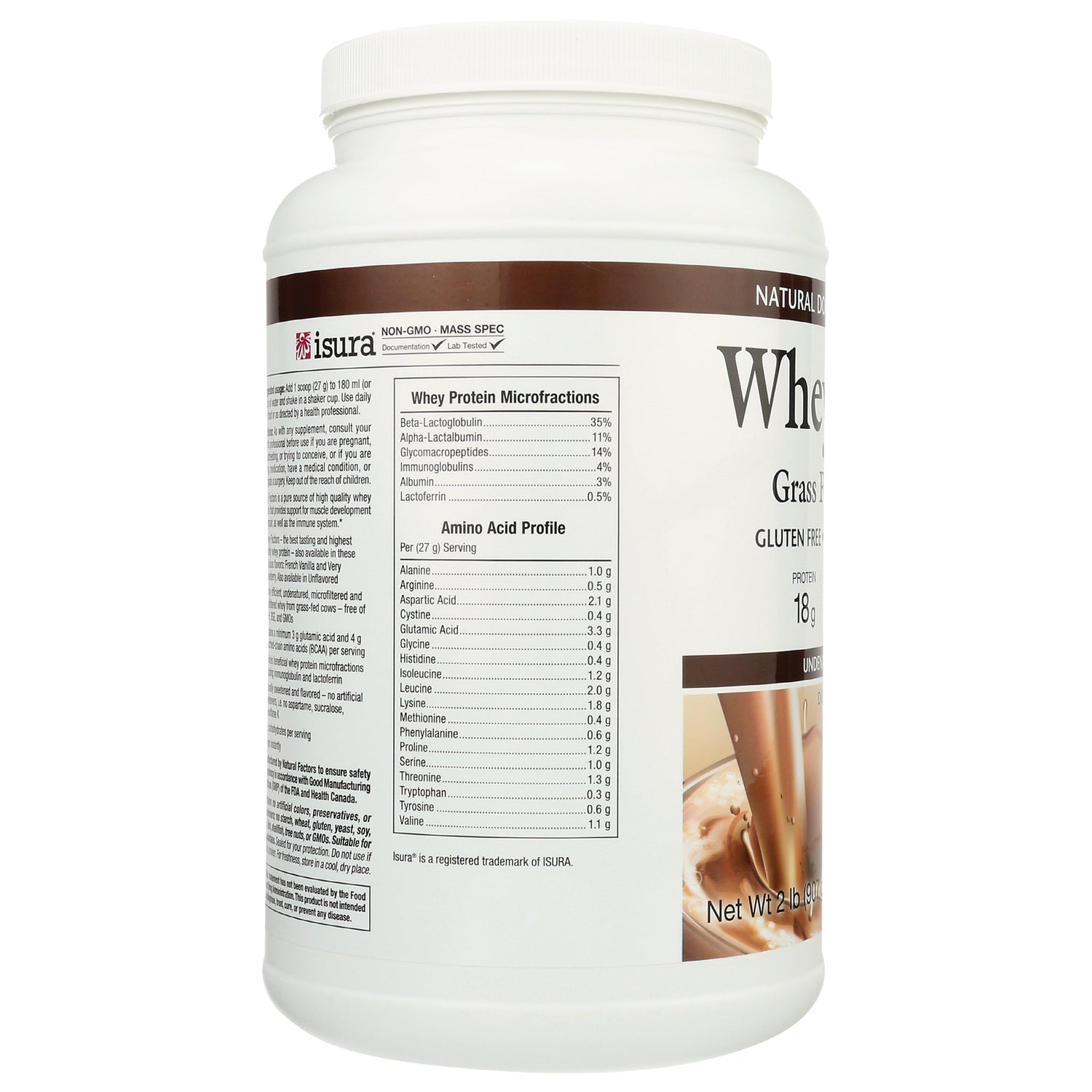 NFC110 | product infographic showing whey protein tub side panel with Whey Protein Microfractions and amino acid profile