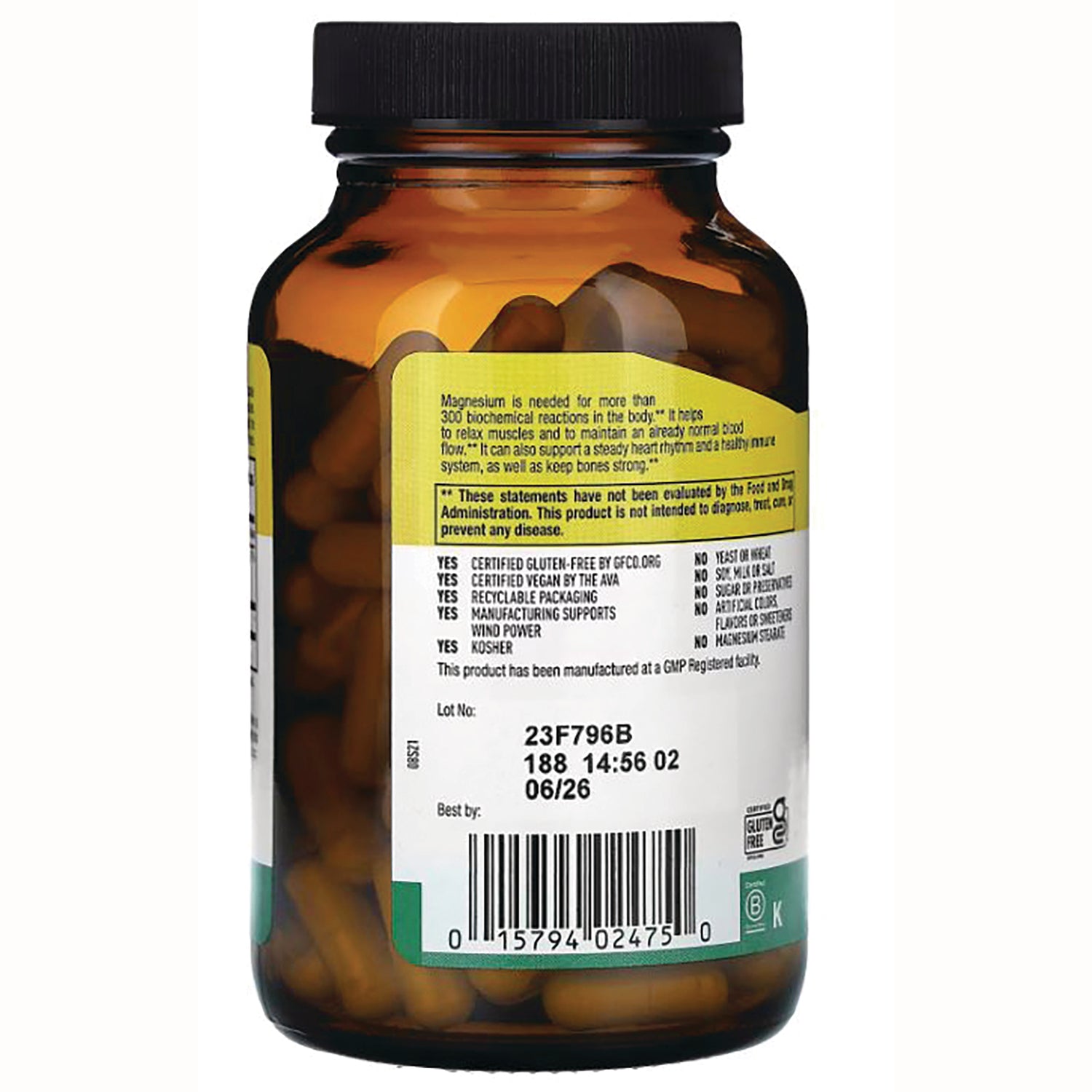 CRL445 | Back of amber supplement bottle showing ingredients and certifications label, barcode, lot and best by 06/26, capsules inside