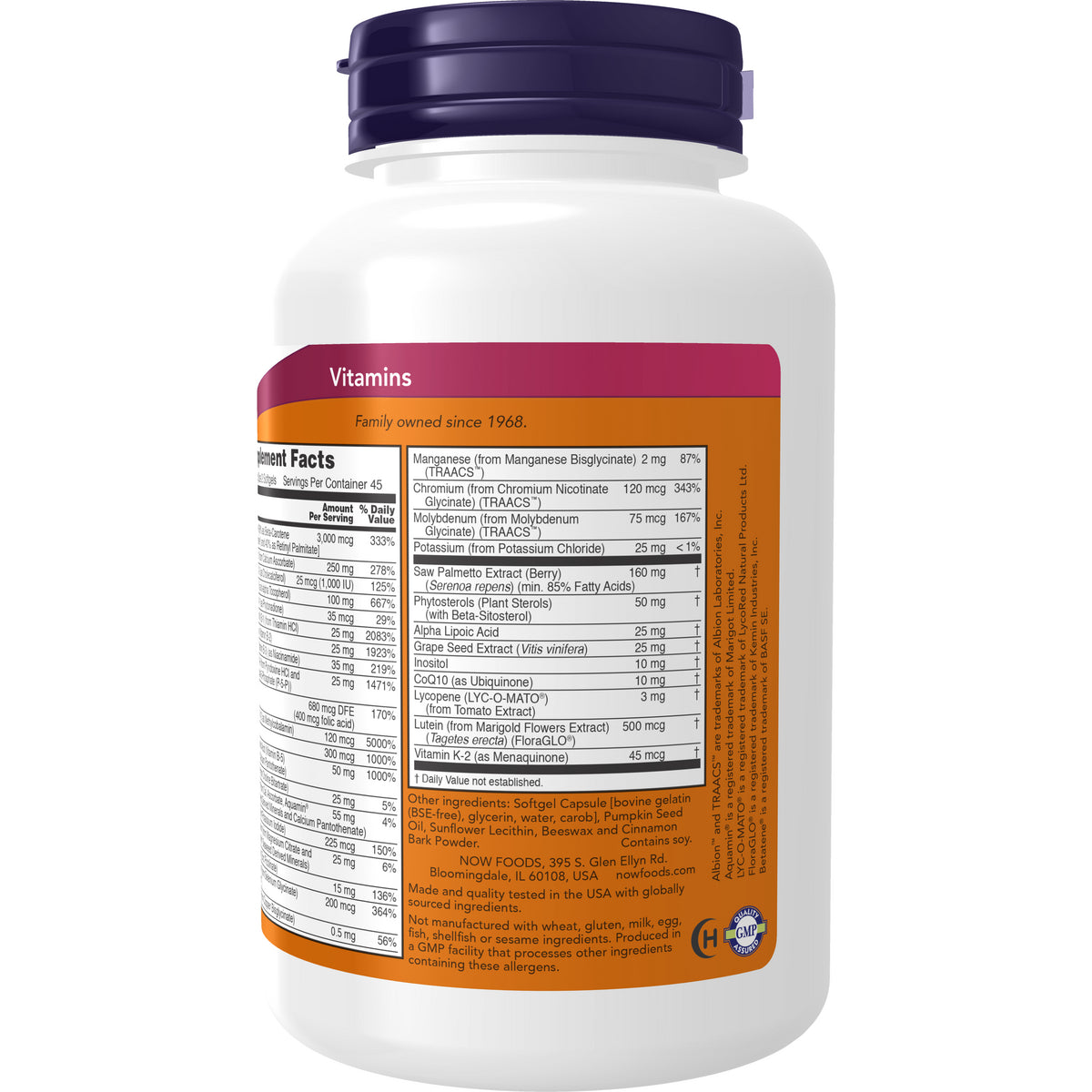 NWF521 | Back of white vitamin bottle showing supplement facts panel, ingredient list, and Vitamins header