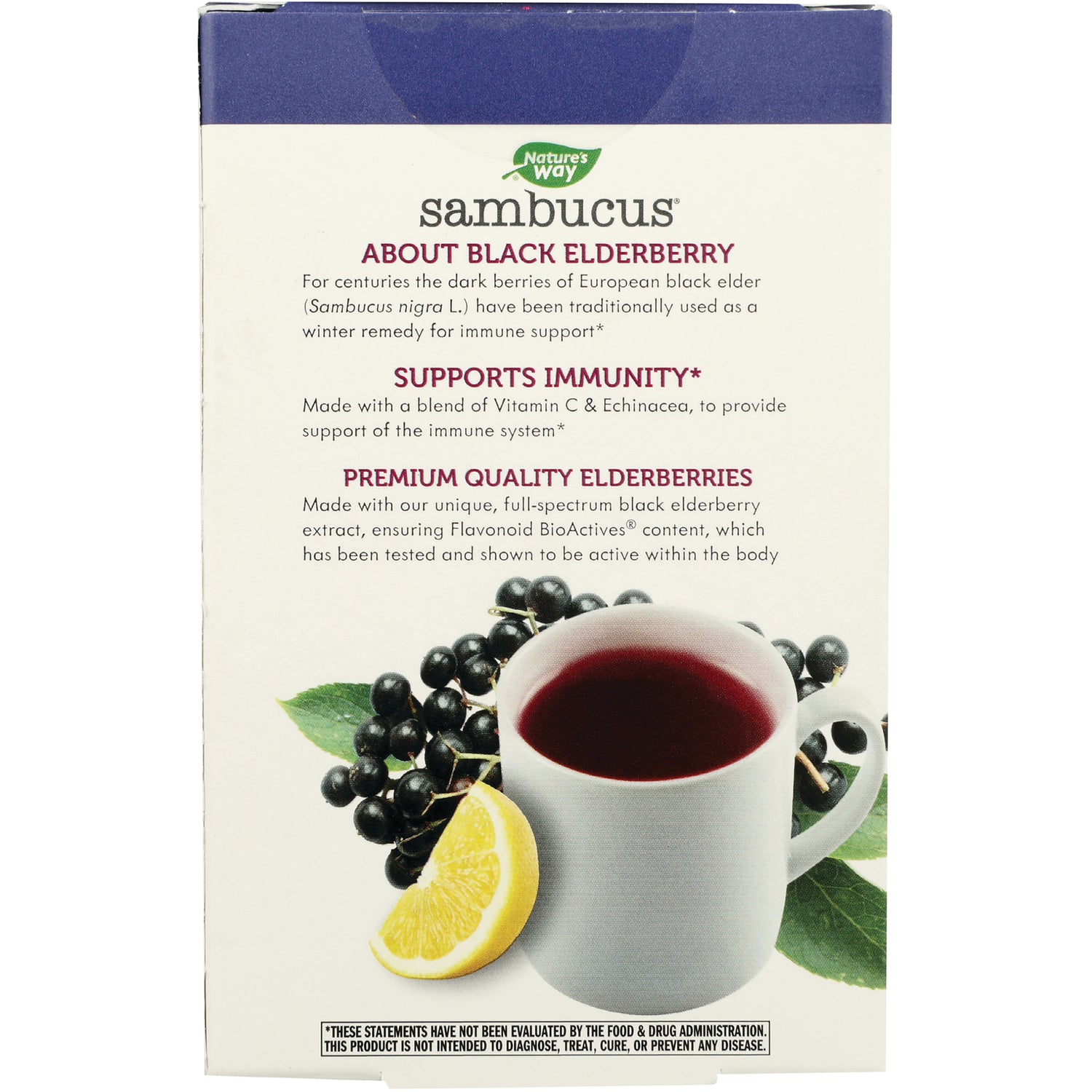 NW986 | product infographic for Sambucus black elderberry with cup of elderberry tea, lemon wedge and berries