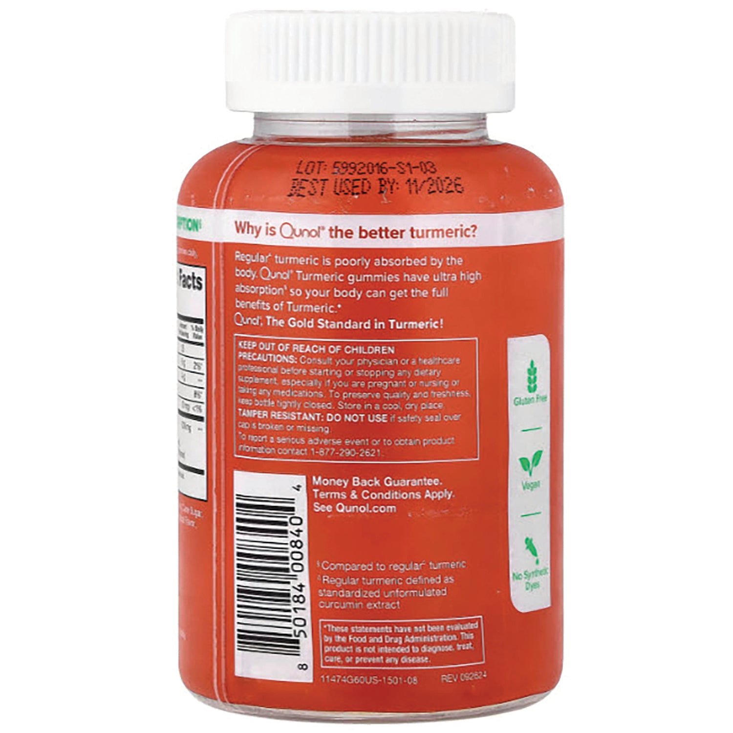 QNL014 | Back of orange supplement bottle showing Warnings and Barcode