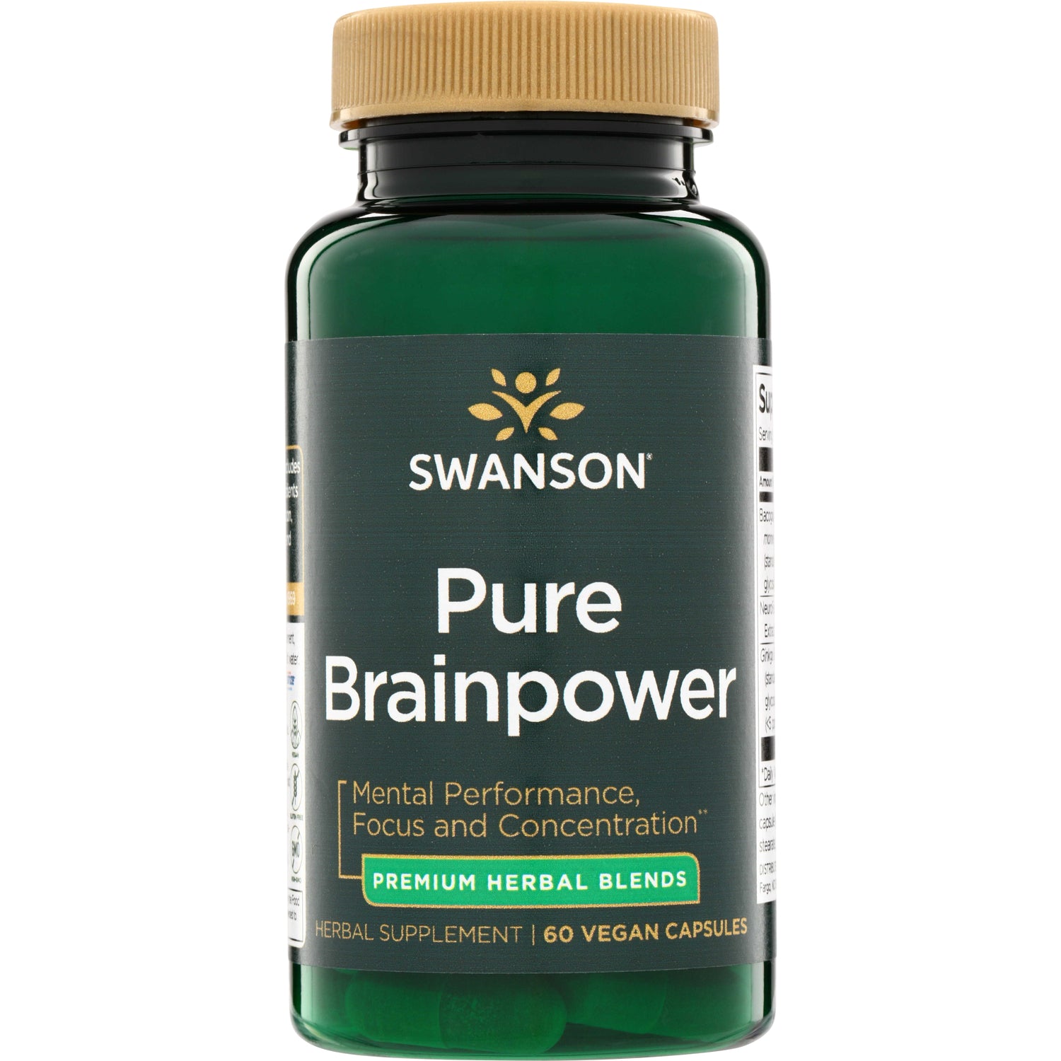 SWU1051 | Swanson Pure Brainpower green supplement bottle with gold cap, label reads "Mental Performance, Focus and Concentra