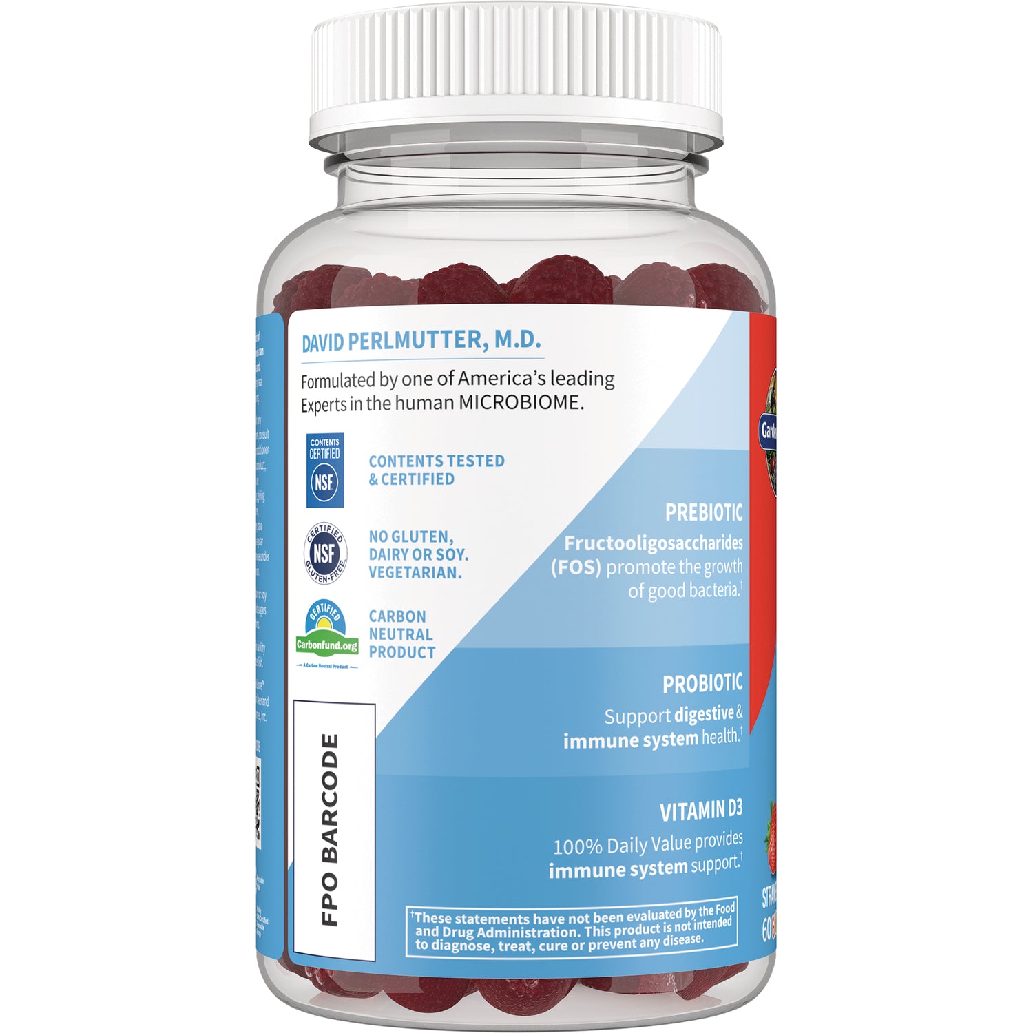 GLF368 | Back label of clear bottle showing prebiotic and probiotic claims, vitamin D3 info, certification icons and FPO barcode