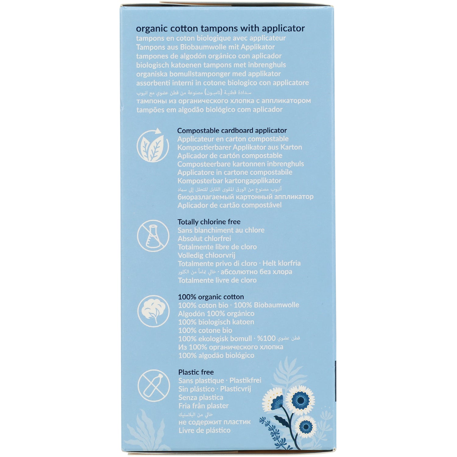NCR005 | blue product infographic showing compostable cardboard applicator, totally chlorine free, 100% organic cotton and plastic free