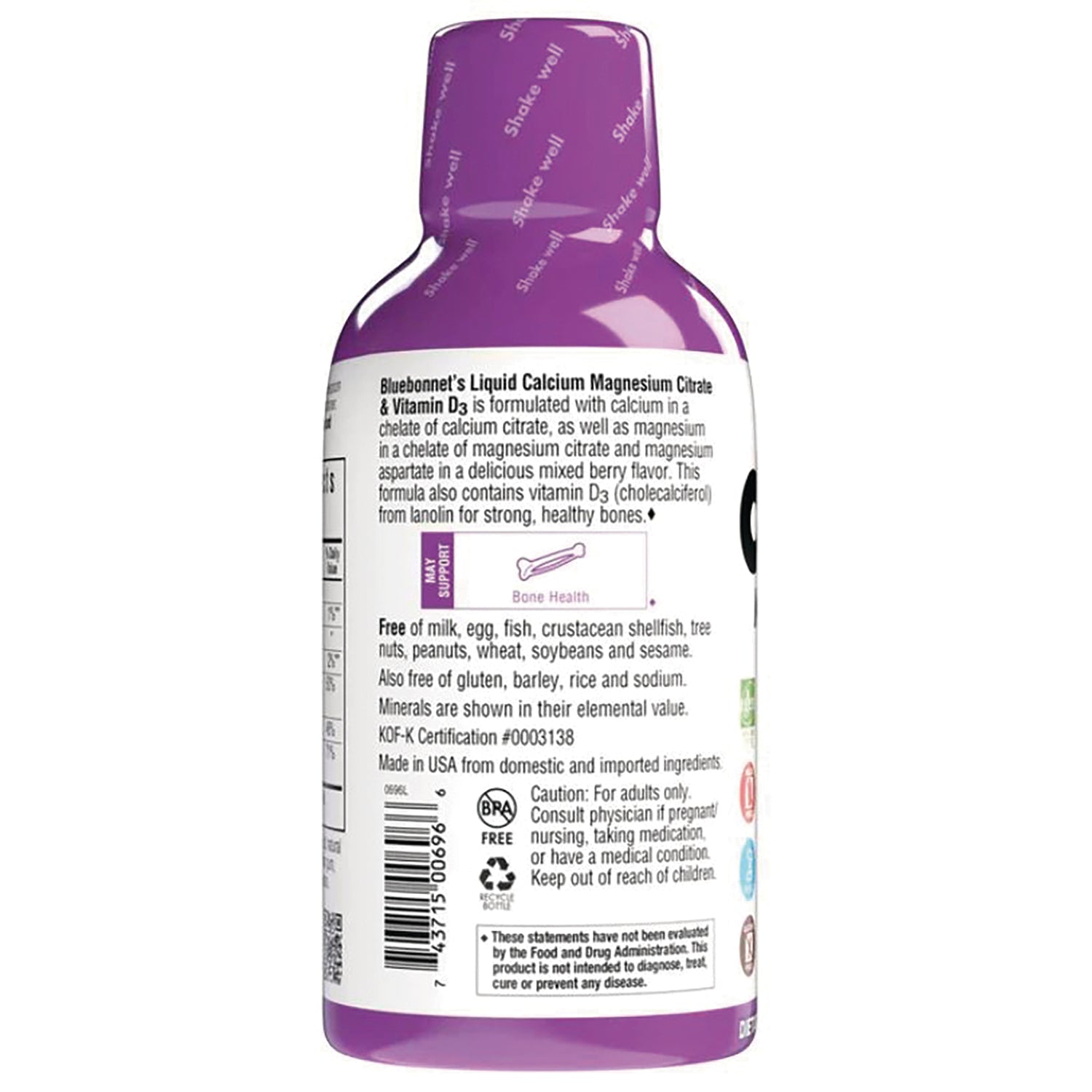 BLU091 | Back label of purple liquid calcium magnesium citrate with ingredient and caution text