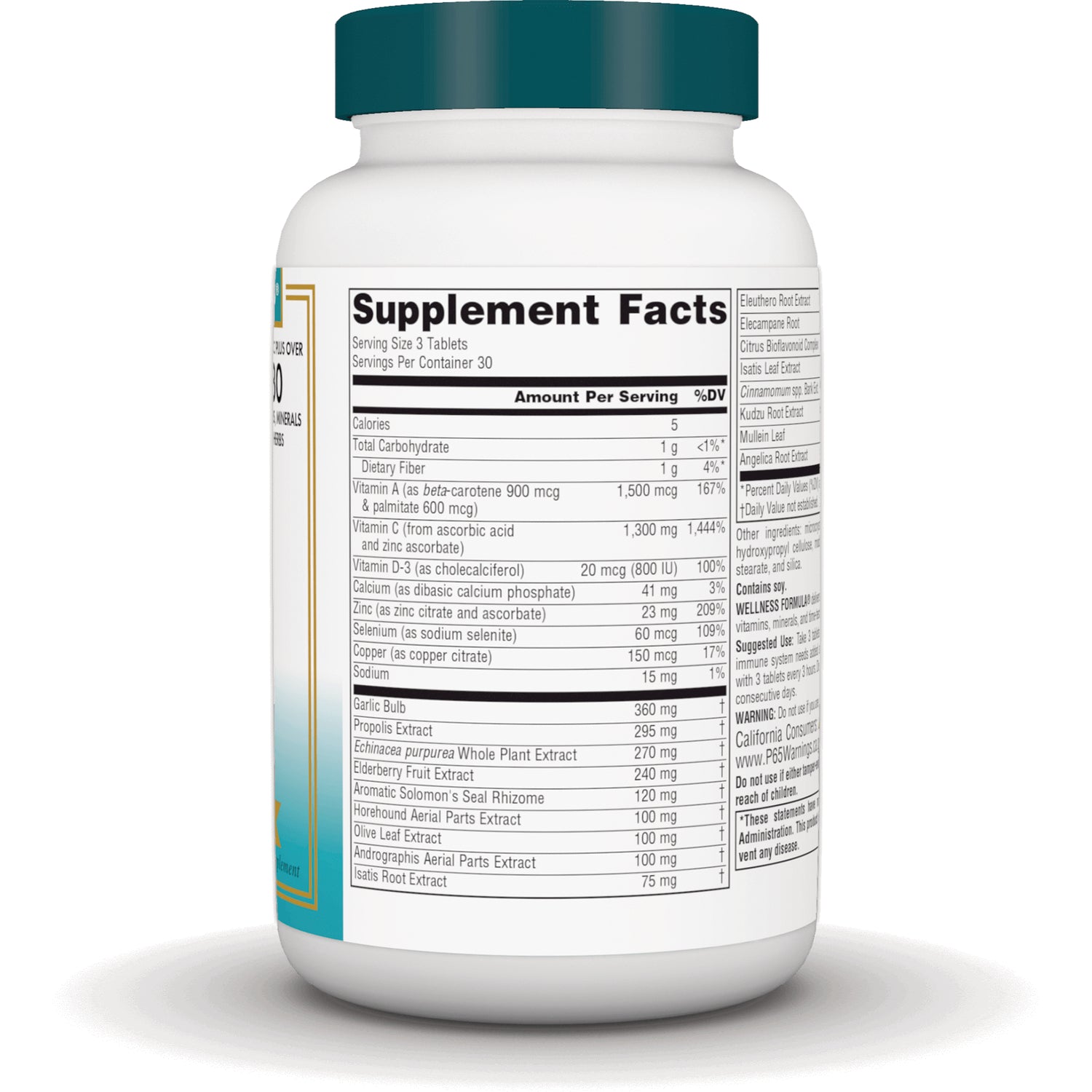 SN145 | Back of white supplement bottle showing Supplement Facts label and ingredient list