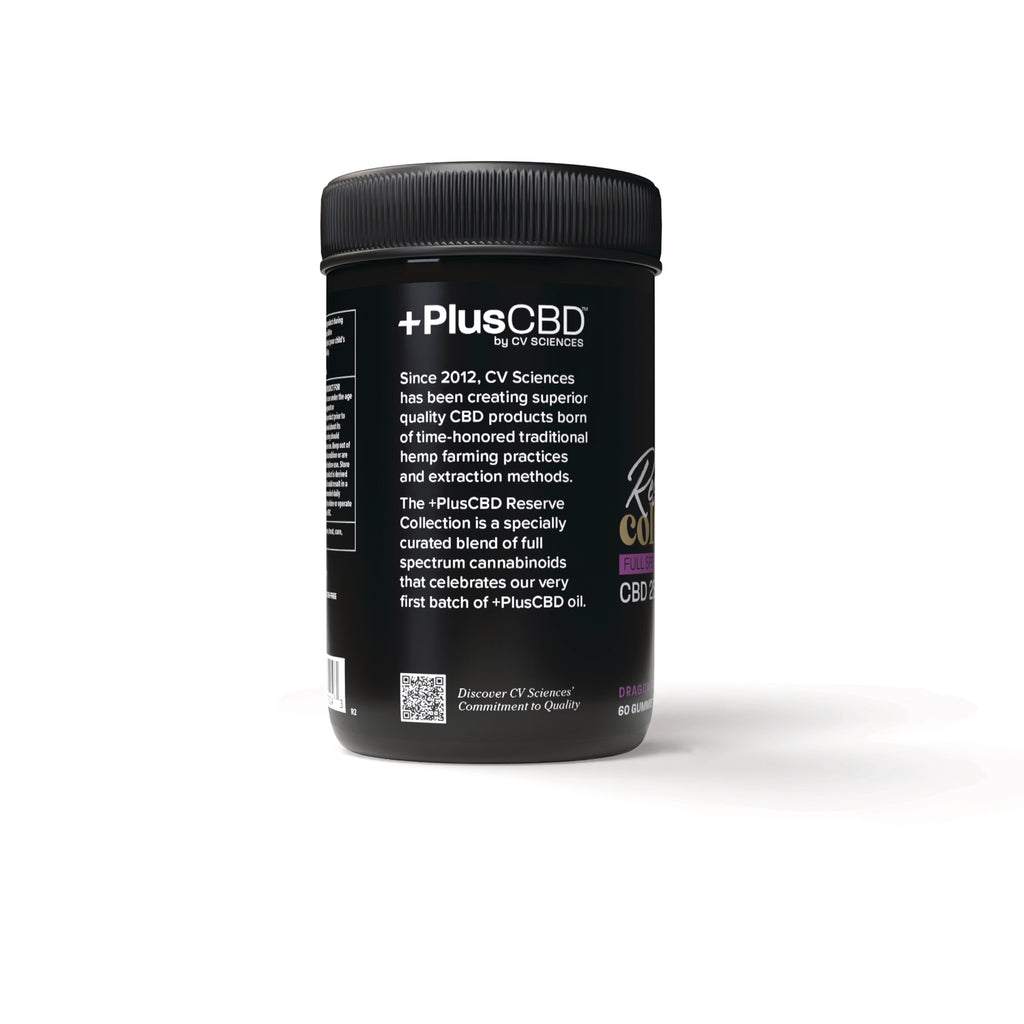 CV052 | Black +PlusCBD Reserve jar showing back label text about CV Sciences and full-spectrum cannabinoids - Thumbnail