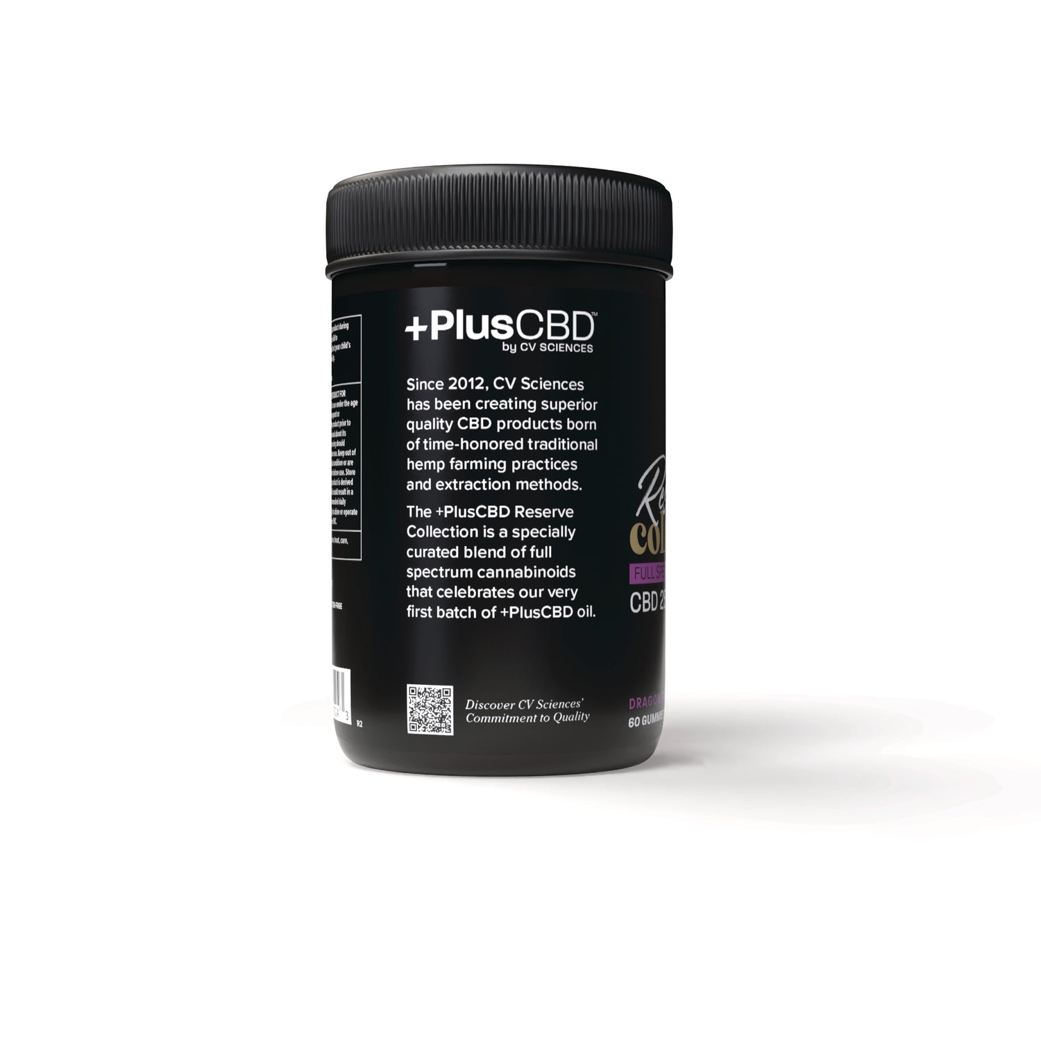 CV052 | Black +PlusCBD Reserve jar showing back label text about CV Sciences and full-spectrum cannabinoids