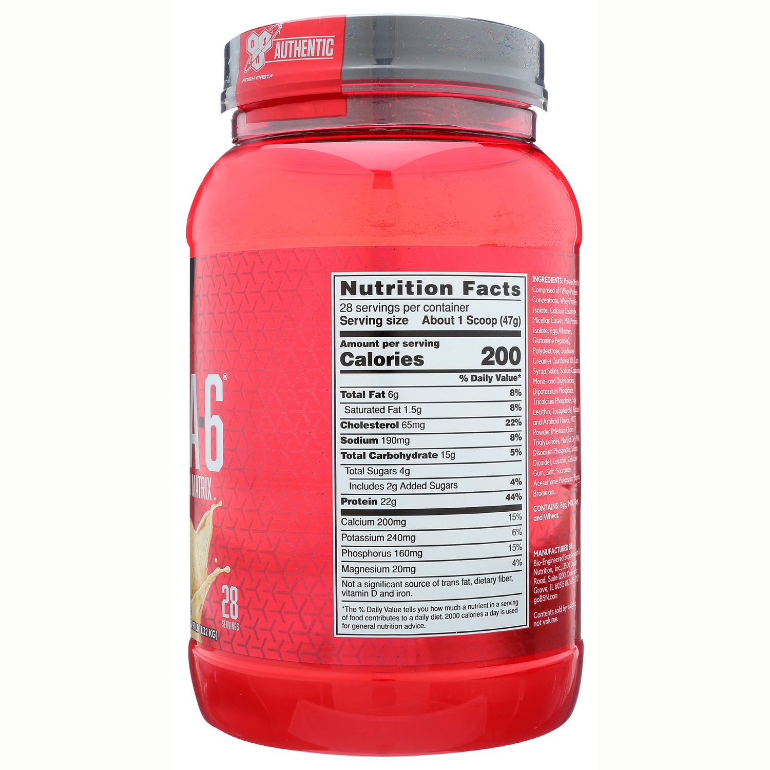 BSN008 | Red supplement jar back showing Nutrition Facts panel and ingredients label