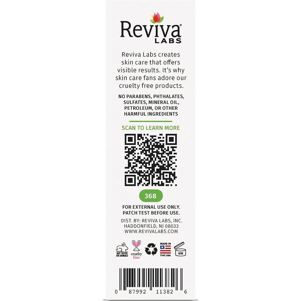 Reviva Labs back panel with QR code and barcode, label stating no parabens phthalates sulfates and external use warning - Thumbnail