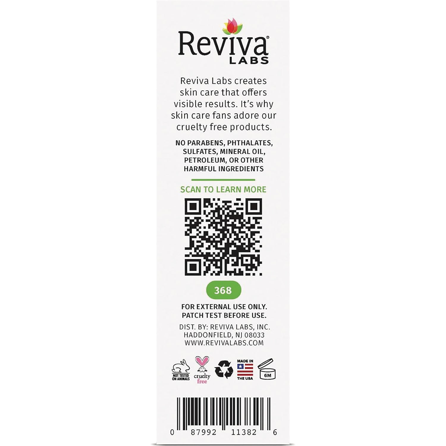 Reviva Labs back panel with QR code and barcode, label stating no parabens phthalates sulfates and external use warning