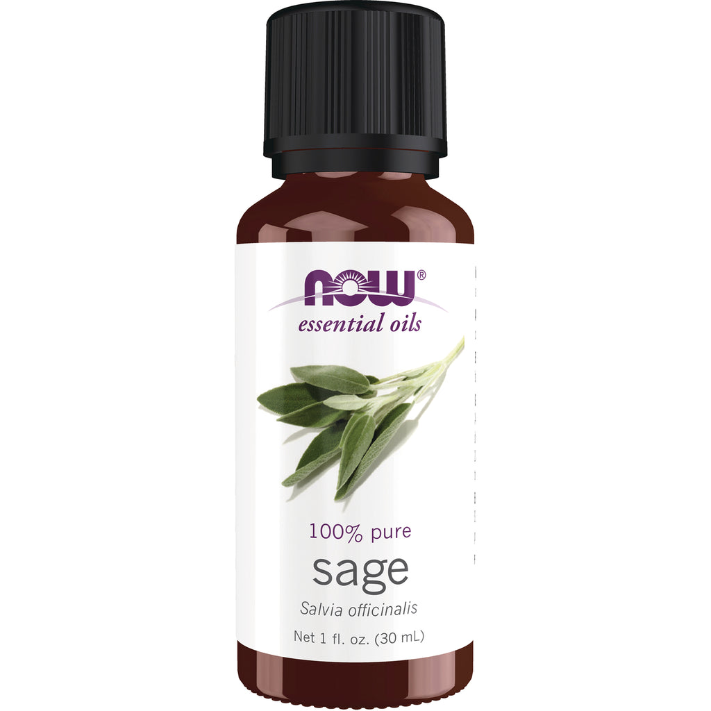 NWF632 | 1 fl oz amber bottle of NOW essential oils sage with sage leaves on label - Thumbnail