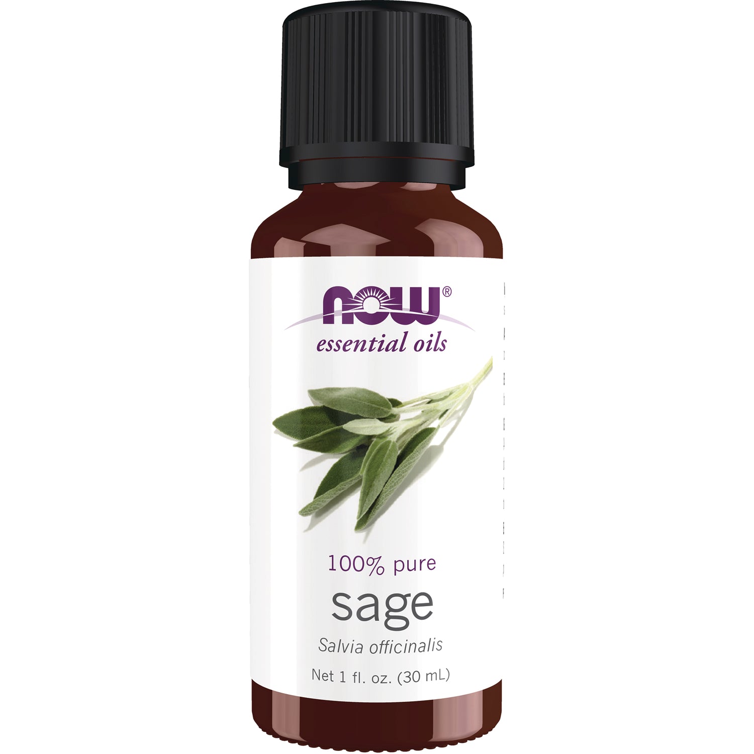 NWF632 | 1 fl oz amber bottle of NOW essential oils sage with sage leaves on label